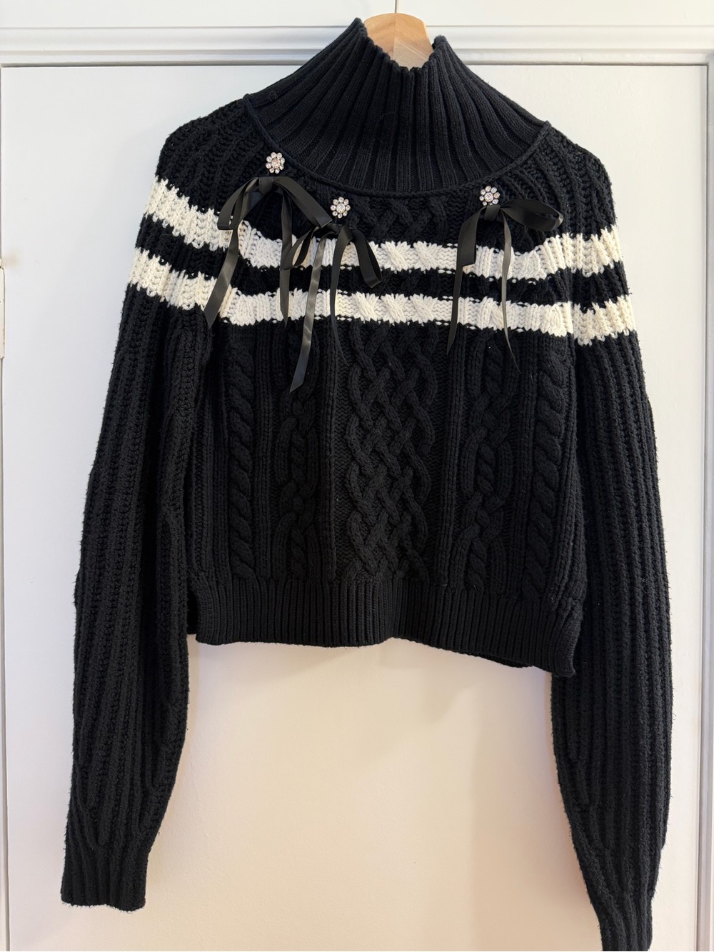 Maeve/ Anthropologie  Black Cable-Knit Turtleneck Sweater with White Stripes